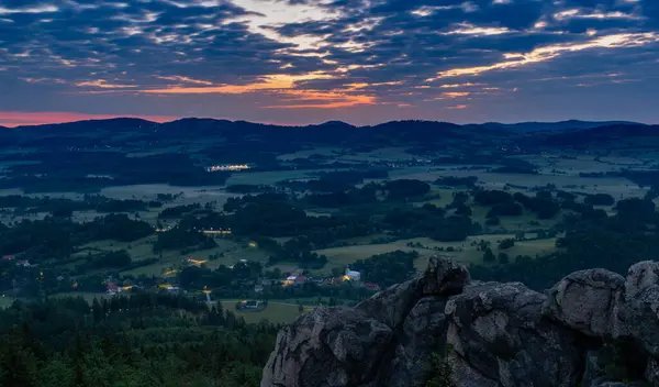 Zonsopgang Bergen Rudawy Janowickie Polen Panorama Vanaf Top Van Berg — Stockfoto