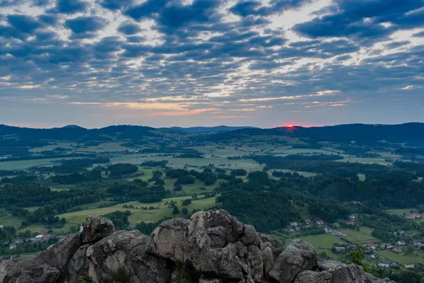 Východ Slunce Horách Rudawy Janowickie Polsko Panorama Vrcholu Hory — Stock fotografie