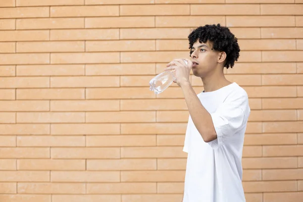 消费主义 休闲和人的观念 一头卷曲的非洲裔美国人从一个透明的塑料瓶里喝水 把目光移开 穿着一件白色T恤放在砖墙的背景上 — 图库照片