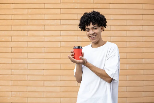 生活方式 消费和人的观念 一头卷曲的非洲裔美国人 手里拿着一杯红咖啡 穿着一件白色T恤 望着砖墙的背景 — 图库照片