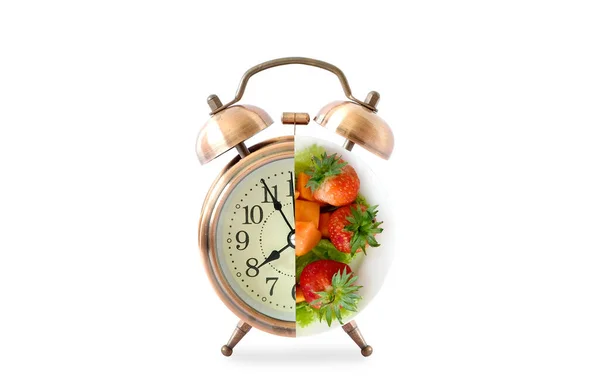 Agulhas Relógio Antigo Frutas Saudáveis Conceito Alimentação Saudável — Fotografia de Stock