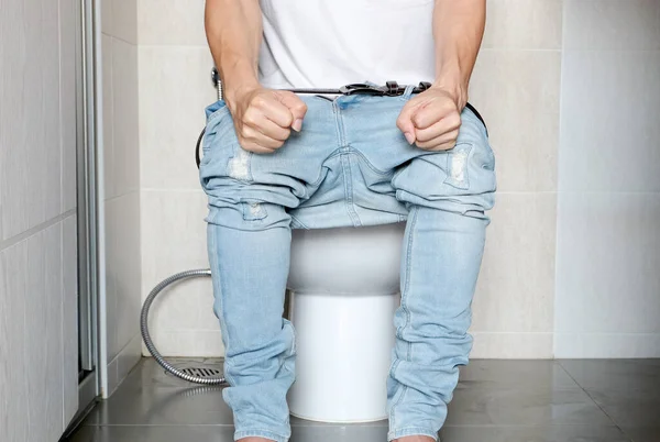Man Unhappy Sitting Toilet Diarrhea Constipation Health Concept — Stock Photo, Image