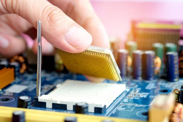 Mão Engenharia Computação Traz Componentes Mudança Memória Processador Cpu Computador — Fotografia de Stock