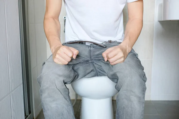 Man Sitting Toilet Bowl Bathroom His Home Unhappy Constipation Diarrhea — Stock Photo, Image