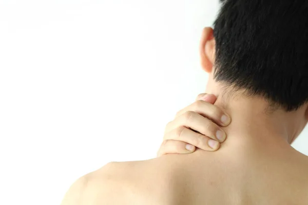 Der Mann Hatte Nackenschmerzen Schulterschmerzen Und Halswirbelsäulenentzündung Benutzte Ihre Hände — Stockfoto