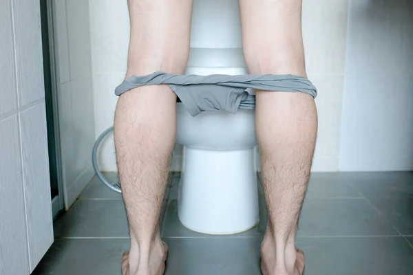 Leg Man Remove Panties Standing Peeing Toilet Bowl Restroom Home — Stock Photo, Image