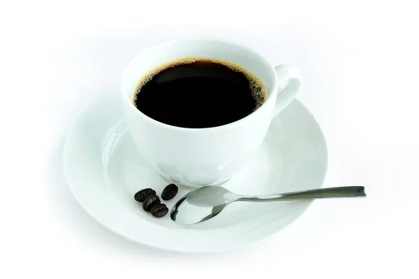 Gorąca Czarna Kawa Białym Szkle Łyżce Izolowanym Białym Tle Pojęcia — Zdjęcie stockowe