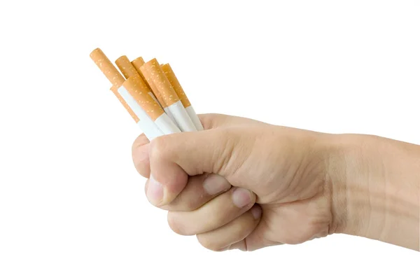 Mão Homem Segura Cigarro Mão Para Parar Fumar Cigarros Viciante — Fotografia de Stock
