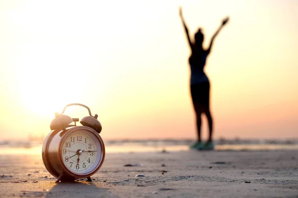 Morning New Day Alarm Clock Woman Playing Yoga Stretching Muscles — Φωτογραφία Αρχείου