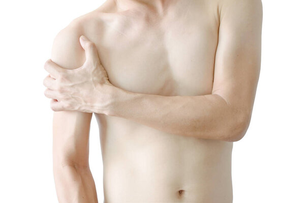 men have arm pain and shoulder pain, on white background health and Medical concept.