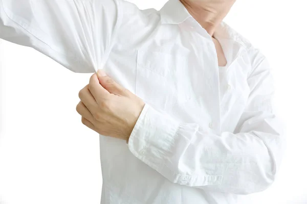 Män Bär Vita Ärmar Armarna Täckta Med Armhålor Svett Orena — Stockfoto