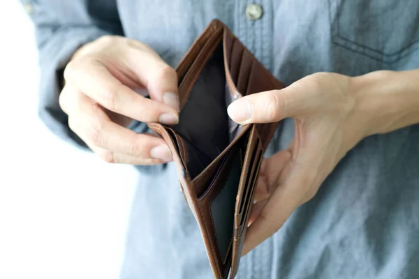 Hand Der Senior Offenen Tasche Kein Geld Portemonnaie Finanzkonzepte Und — Stockfoto