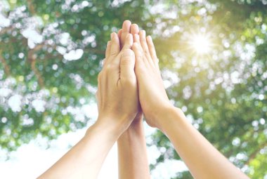 Toplantının simgesi olan kurumsal toplantılarda çalışan yedi kişinin el kaldırması takım çalışması kalitesine ve etkin personele katılması takım çalışması ve iş dünyasındaki organizasyonel gelişimi kavramına katılıyor.