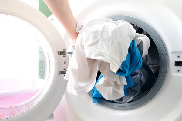 Man Hand Pick Clothes Washing Machine Clean Healthy Concepts — Stock Photo, Image