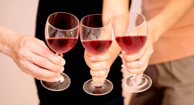 Grup arkadaşları partide kırmızı şarapla başarıyla kutluyorlar. Gençlerin partide kadeh kaldırması ve işten sonra eğlenmek ve eğlenmek için çok içmesi. Kutlama Kavramı, Şerefe!