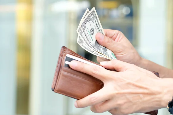 Hand Man Holding Brown Wallet Took Dollar Bank Out His — Stock Photo, Image