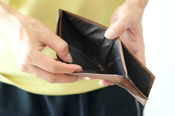 Hand Des Unternehmers Offene Tasche Kein Geld Portemonnaie Finanzkonzepte Und — Stockfoto