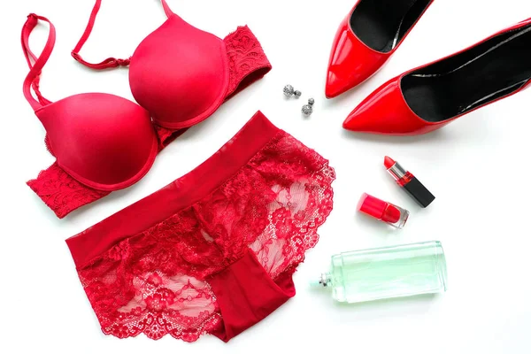 Modern stylish fashion accessories women\'s Luxury dresses Red bra and red high heels Beautiful woman\'s dress
