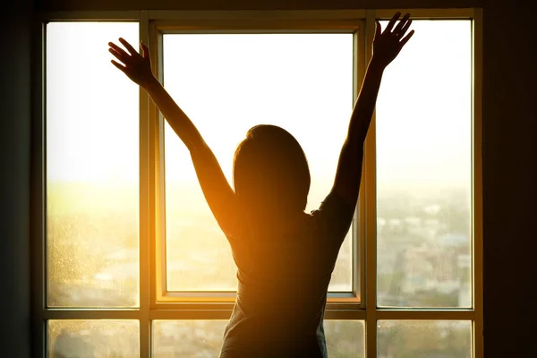 Woman Woke Early She Stood Window Her Bedroom She Lifted — 스톡 사진