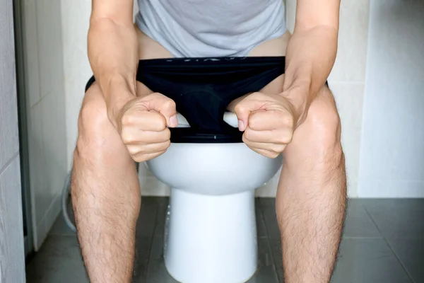 Man Sitting Toilet Bowl Bathroom His Home Unhappy Constipation Diarrhea — Stock Photo, Image