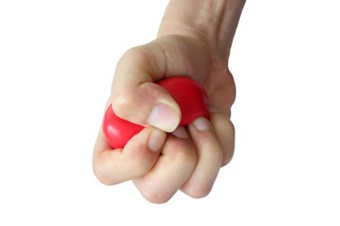 Man's hand, he squeezed the red ball into his hand, expressing stress. clipart