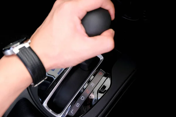 Hands Young Man Driving Controlling Automatic Car Gear — Stock Photo, Image