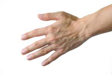 The man's hand holds up the five-finger symbol. Do not come.on white background