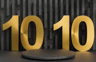 Siyah taş podyum ve altın metin 10.10 taş duvar arkaplan lüks tarzı ürün sunumu için 3D model ve illüstrasyon.