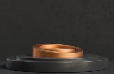 Siyah beton duvar arkaplan lüks tarzı, 3D model ve illüstrasyon üzerine ürün sunumu için bakır daire podyumu.