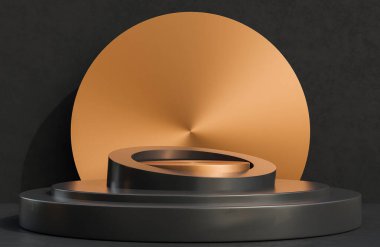 Siyah beton duvar arkaplan lüks tarzı, 3D model ve illüstrasyon üzerine ürün sunumu için bakır daire podyumu.