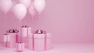 Birçok hediye kutusu havada uçar balon ve pembe kurdeleli pastel arka plan, Noel ve mutlu yıllar arkaplan konsepti, 3D model ve illüstrasyon.