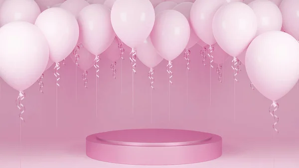 Rózsaszín Lufik Úszó Pódium Rózsaszín Pasztell Háttérrel Születésnapi Party Újévi — Stock Fotó