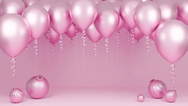 Pinkfarbene Luftballons Mit Podium Und Ornament Auf Rosa Pastellgrund Geburtstagsfeier — Stockfoto