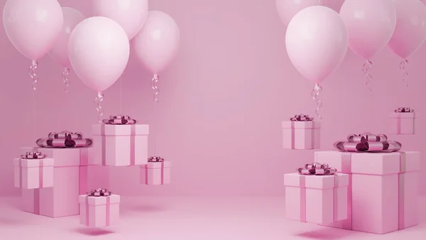 Nombreux Coffret Cadeau Voler Dans Air Avec Ballon Ruban Rose — Photo