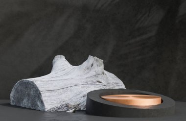 Beyaz ağaç kütüğünün yeşil yapraklar üzerinde sunumu için altın ve siyah halka podyum doğal arka plan tarzı, 3D model ve illüstrasyon.