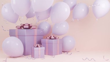 Noel tatili ve yeni yılınız kutlu olsun. Pastel pembe arka plan. Hediye kutusu, balon, 3D model ve resimli..