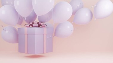 Hediye kutusu havada uçar balon ve pembe kurdeleli pastel arka plan, Noel ve mutlu yıllar arkaplan konsepti, 3D model ve illüstrasyon.