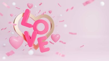 Happy valentine day banner with many hearts and love text on pink background.,3d model and illustration.