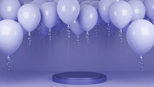 Purple Balloons Floating Podium Product Presentation Purple Pastel Background Birthday — 图库照片