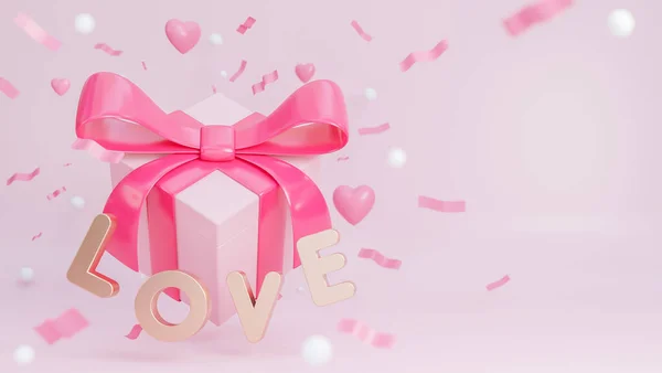 Feliz Dia Dos Namorados Banner Com Caixa Presente Corações Objetos — Fotografia de Stock