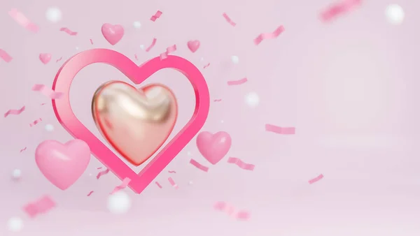 Happy Valentine Day Banner Many Hearts Golden Heart Pink Background — Zdjęcie stockowe