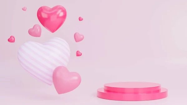 Happy Valentine Day Banner Many Hearts Objects Podium Product Presentation — Stock Fotó