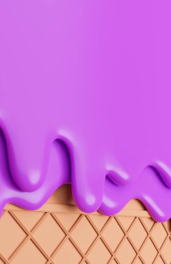 Böğürtlenli dondurma Wafer arka planında eridi, 3D model ve illüstrasyon.