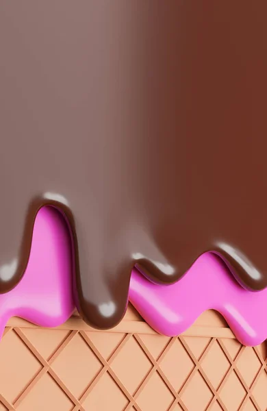 チョコレートとストロベリーのアイスクリームは ウエハーの背景に溶かされます — ストック写真