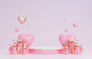 Ürün sunumu için podyum, pembe zemin üzerinde 3D nesneler, 3D model ve illüstrasyonla Sevgililer Günü afişi..