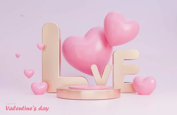 Happy Walentynki Baner Podium Prezentacji Produktu Obiektów Love Różowym Tle — Zdjęcie stockowe