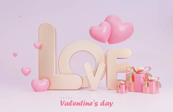 幸せなバレンタインデーバナー付きテキストピンクの背景に愛3Dオブジェクト 3Dモデルとイラスト — ストック写真