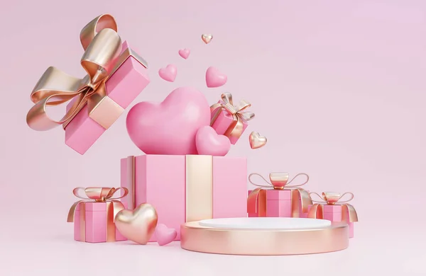 Happy valentine\'s day with 3d empty podium and romantic valentine decorations on pink background.,3d model and illustration.