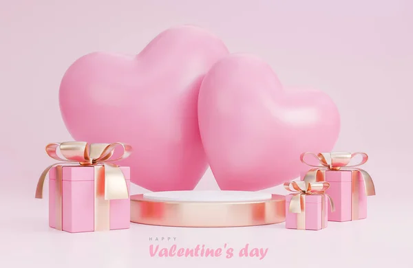 ピンクの背景に3D空の表彰台とロマンチックなバレンタインデコレーションとハッピーバレンタインデー 3Dモデルとイラスト — ストック写真