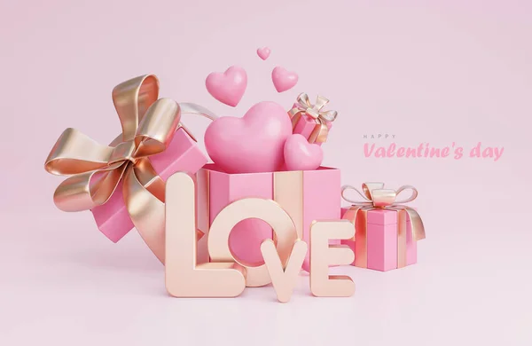 ピンクの背景に3Dハート ギフトボックス ロマンチックなバレンタインデコレーションを持つハッピーバレンタインデーバナー 3Dモデルとイラスト — ストック写真
